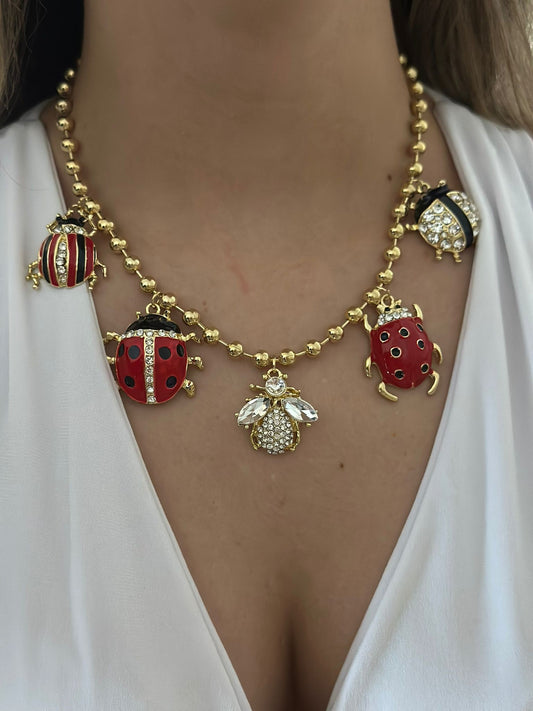 Zirkon Taş Ve Uğur Böceği Charm Detay Premium Kolye