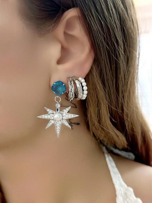 Zirkon ve Mavi Baget Taş Detaylı Yıldız Sallantılı Küpe