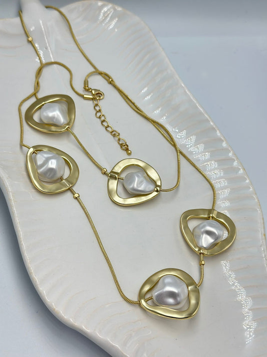 14K Altın Kaplama Barok İnci Detay Dolamalı Kolye (95Cm)