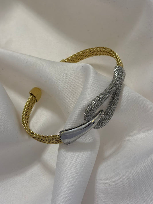 14K Altın Kaplama Çift Renk Zirkon Taş Detaylı Kelepçe