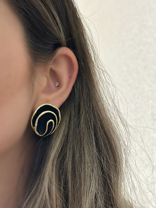 14K Altın Kaplama Gold Detaylı Siyah Küpe
