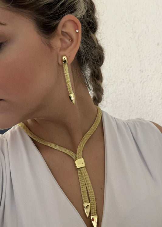 14K Altın Kaplama Hasır Küpe ve Kolye İkili Set Takı