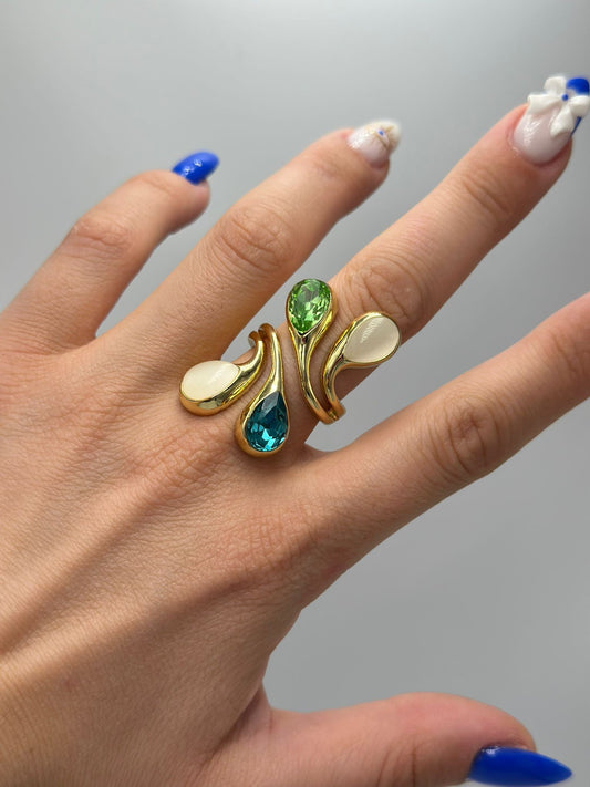 14K Altın Kaplama Kristal Taş Detaylı Yüzük