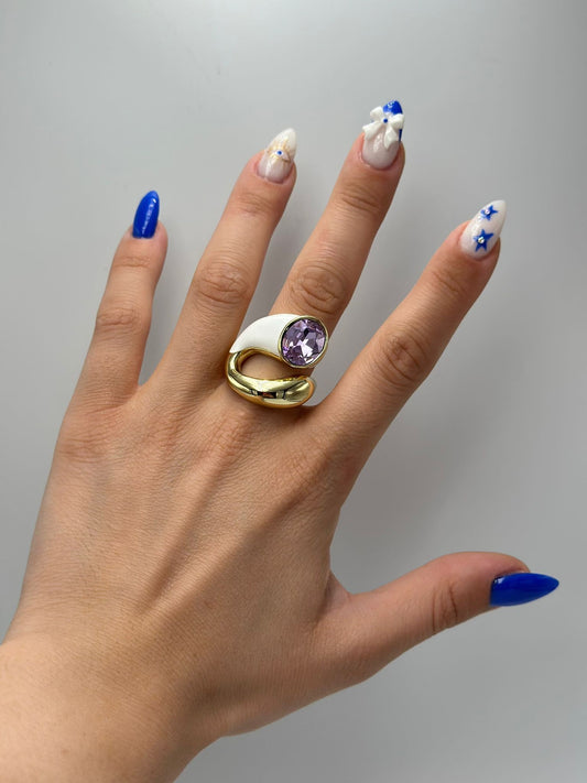 14K Altın Kaplama Mor Kristal Taş Detay Yüzük