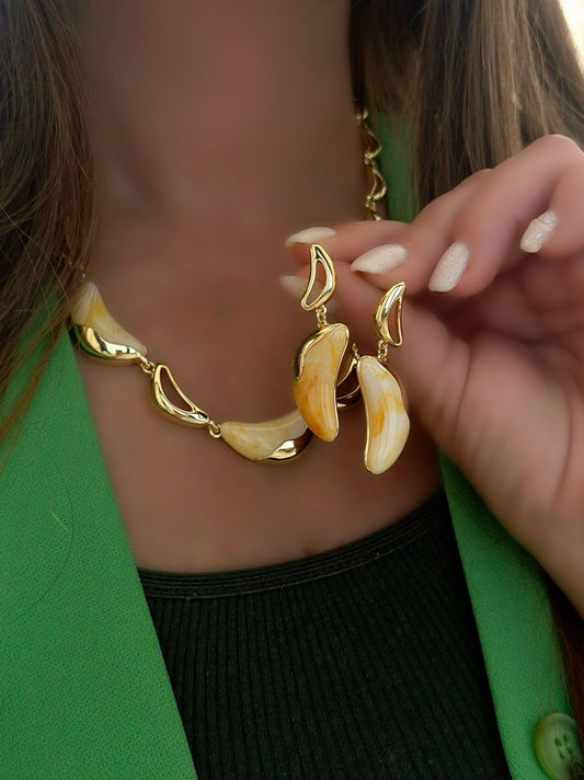 14k Altın Kaplama Porselen Kemik Model Kolye Küpe Set