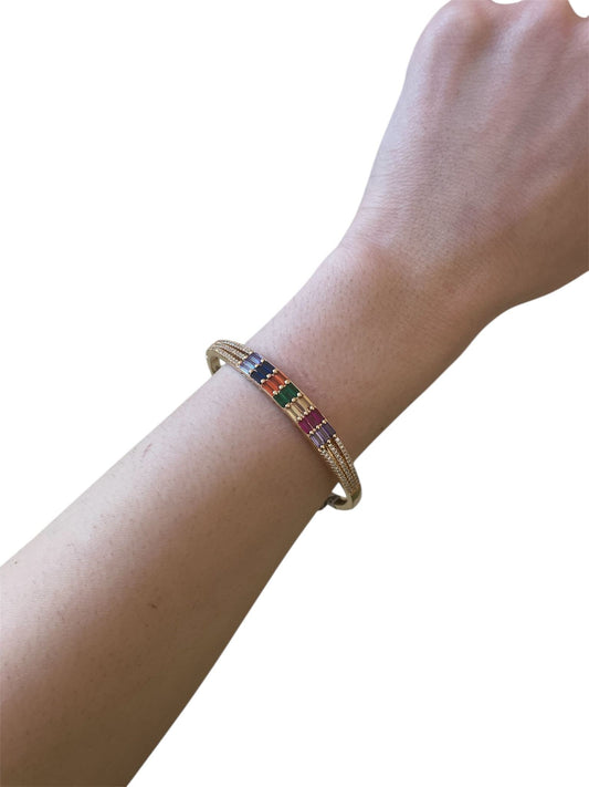 14K Altın Kaplama Renkli Baget ve Zirkon Taş Detaylı Unisex Kelepçe Bileklik