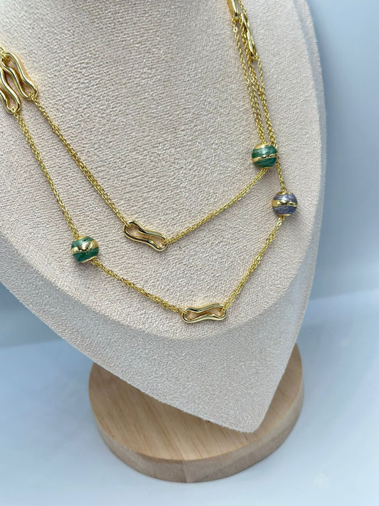 14K Altın Kaplama Renkli Topçuk Detay Kolye (Uzun) (95Cm)