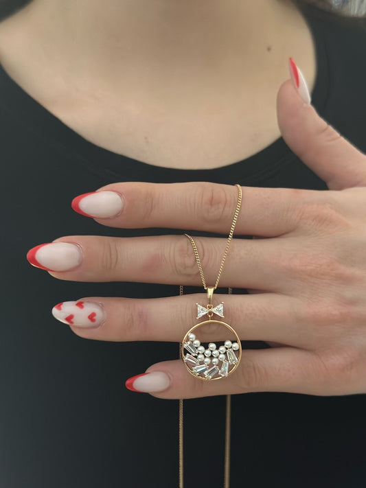 14K Altın Kaplama Taş ve İnci Detaylı Minimal Çelik Kolye (45cm)