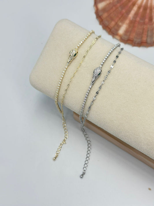 Zirkon Taş Detay İkili Yılan Bileklik (Pirinç Kaplama)