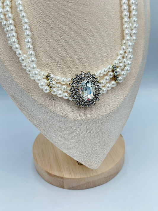 Baget Taş Detay İnci Choker Kolye (Pirinç Kaplama)