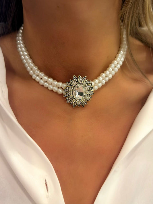 Zirkon Taş Detay Oval Kesim İnci Choker Kolye (Premium)