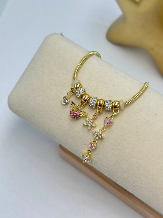 Pembe Kalp Detay Charm Çelik Bileklik