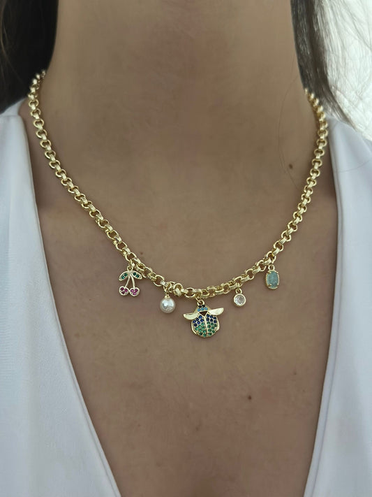 Arı Ve Kiraz Detaylı Charm Çelik Kolye