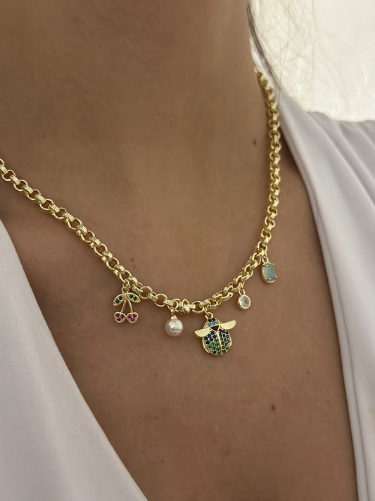 Arı Ve Kiraz Detaylı Charm Çelik Kolye