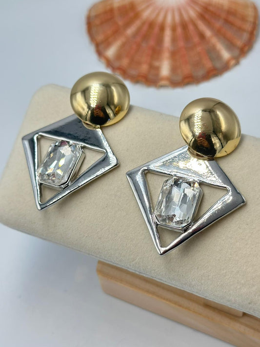 Baget Taş Detay Çift Renk Küpe (Pirinç Kaplama)