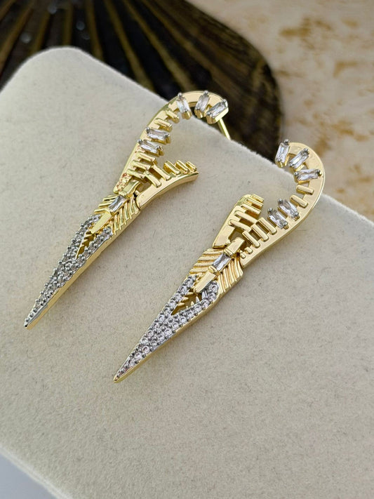 Baget Taş Detaylı Pirinç Kaplama Fermuar Küpe