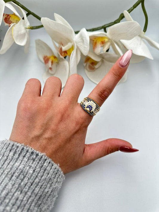 Baget Taş Ve Mavi Taş Detay Yüzük (Pirinç Kaplama) (Ayarlanabilir)