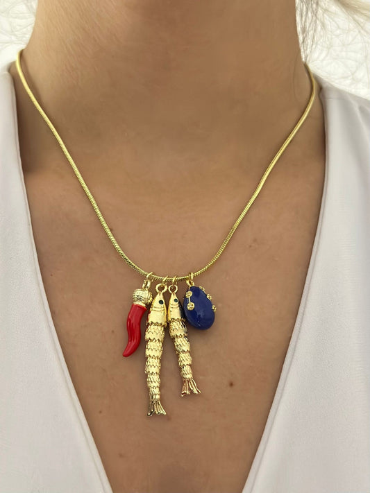 Balık Ve Biber Detay Çoklu Charm Kolye (Çelik)