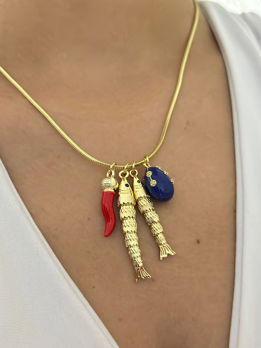 Balık Ve Biber Detay Çoklu Charm Kolye (Çelik)