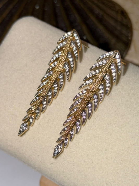 Çift Renk Zirkon Taş Detay Yaprak Küpe (Çelik)