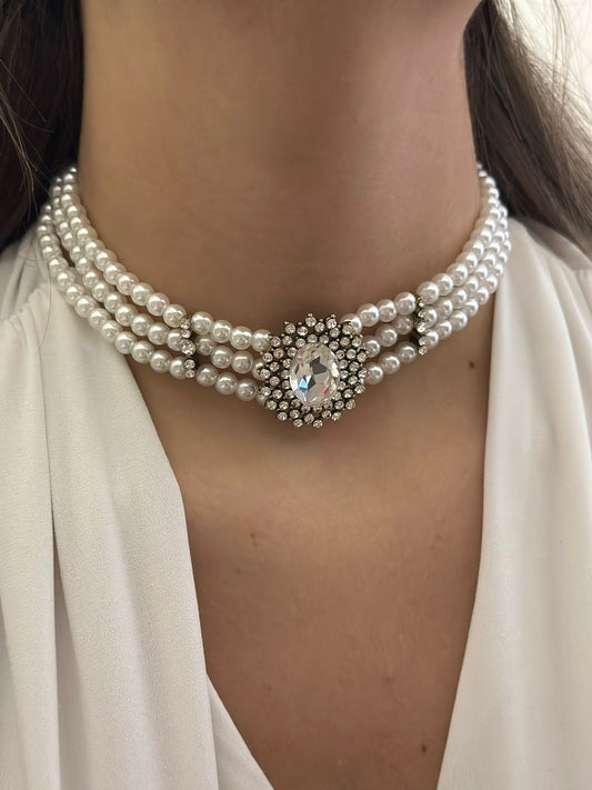 Çoklu İnci Ve Zirkon Taş Detay Choker Kolye (Premium)