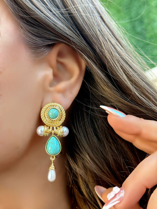 Firuze Ve İnci Detaylı Sallantılı Vintage Küpe