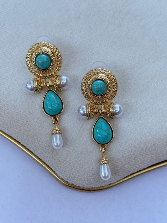 Firuze Ve İnci Detaylı Sallantılı Vintage Küpe