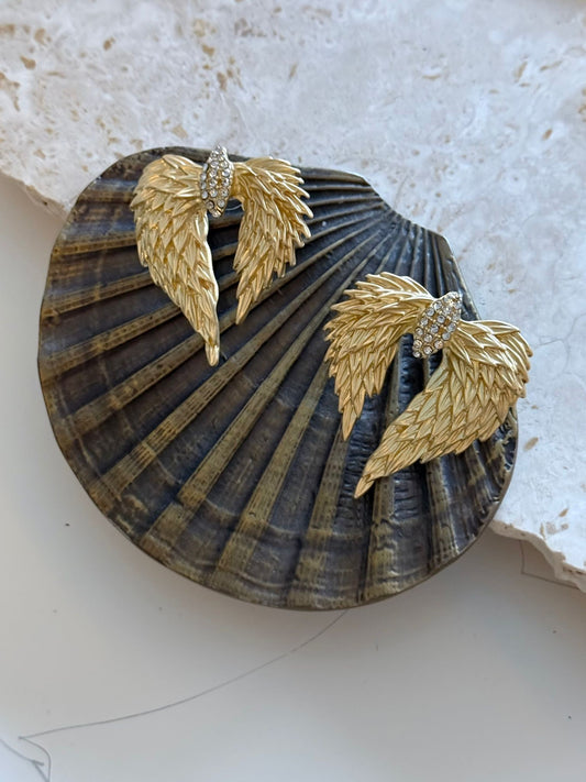 Gold Melek Kanadı ve Zirkon Taş Detaylı  Küpe (Pirinç Kaplama)