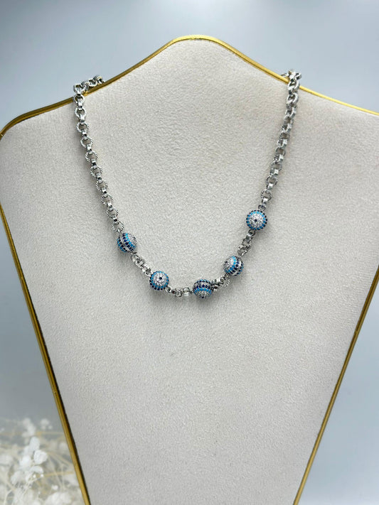 Gümüş Kaplama Zirkon Taş Detayllı Topçuk Nazar Boncuğu Kolye (43cm)