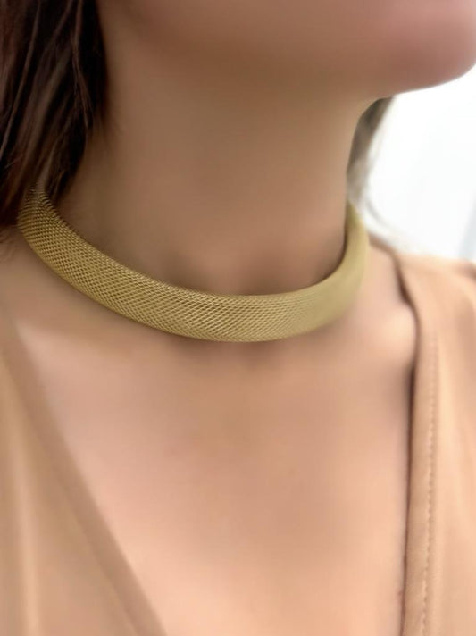 Hasır Tel Örgü Detaylı Çelik Choker Kolye