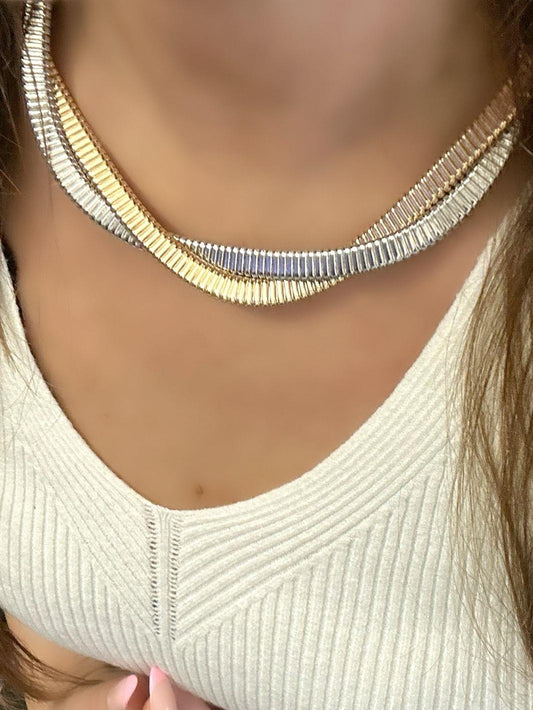 İki Renk Detaylı Tırtık Plaka Çelik Choker Kolye