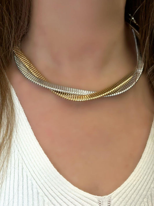 İki Renk Detaylı Tırtık Plaka Çelik Choker Kolye