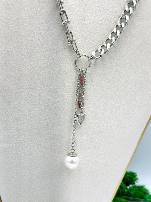 İnci ve Love Detaylı 14k Altın Kaplama Kolye