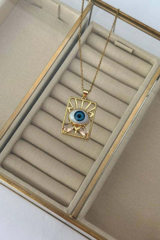 Kare Kesim Taş Detaylı Çelik Göz Kolye