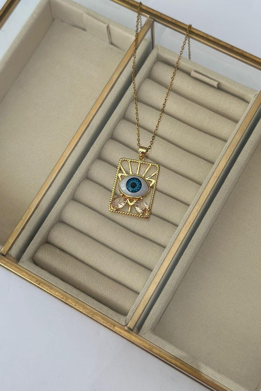 Kare Kesim Taş Detaylı Çelik Göz Kolye