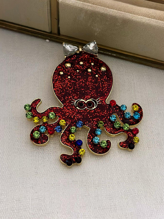 Kırmızı ve Renkli Zirkon Taş Detaylı Ahtapot Figürlü Broş