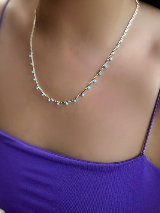 Mavi Mineli Detay Çelik Kolye