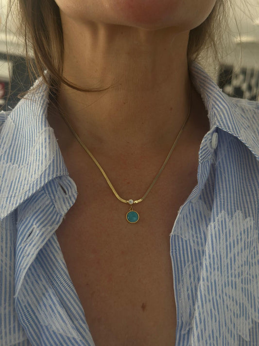 Mavi Sedef TaşvVe İtalyan Zincir Detay Çelik Kolye