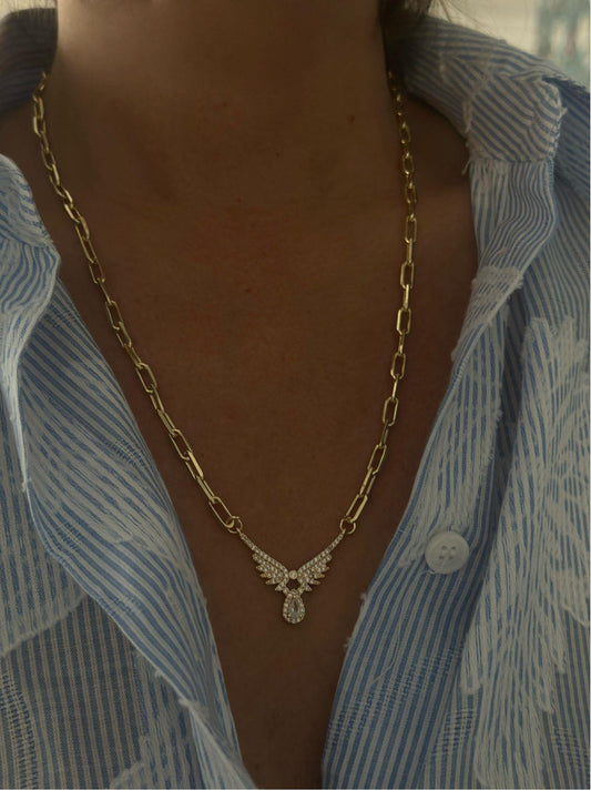 Melek Kanadı Zirkon Taş Detaylı Çelik Kolye