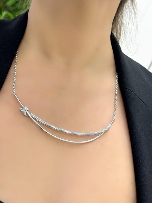 Özel Seri Zirkon Taş Detaylı İkili Görünüm Çelik Kolye (58cm)