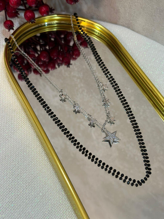 Özel Seri Zirkon Taş ve Kristal Boncuk Detaylı İkili Charm Yıldız Çelik Kolye (45,5 cm)