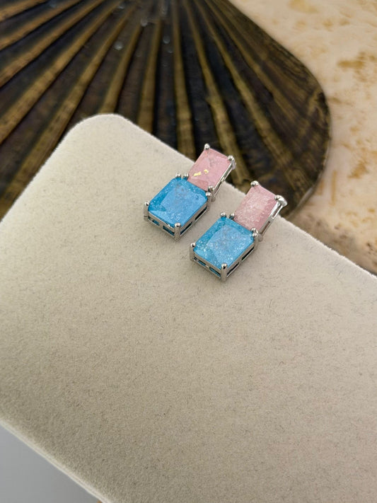 Pembe Ve Mavi Baget Taş Küpe (Pirinç Kaplama)