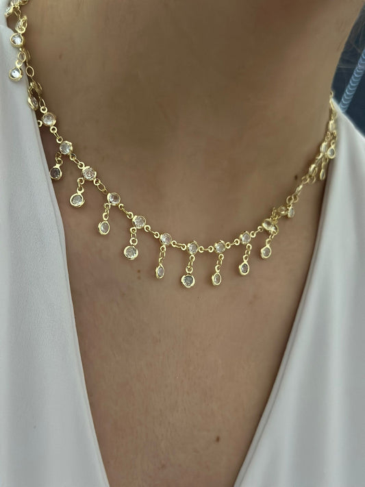 Sallantılı Tek Taş Detay Choker Kolye (Çelik)