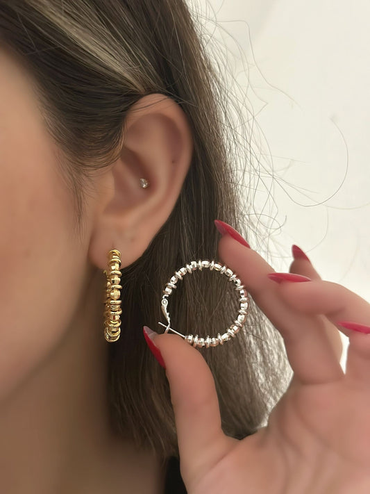 Sıralı Topçuk Detaylı Halka Küpe (Çelik)
