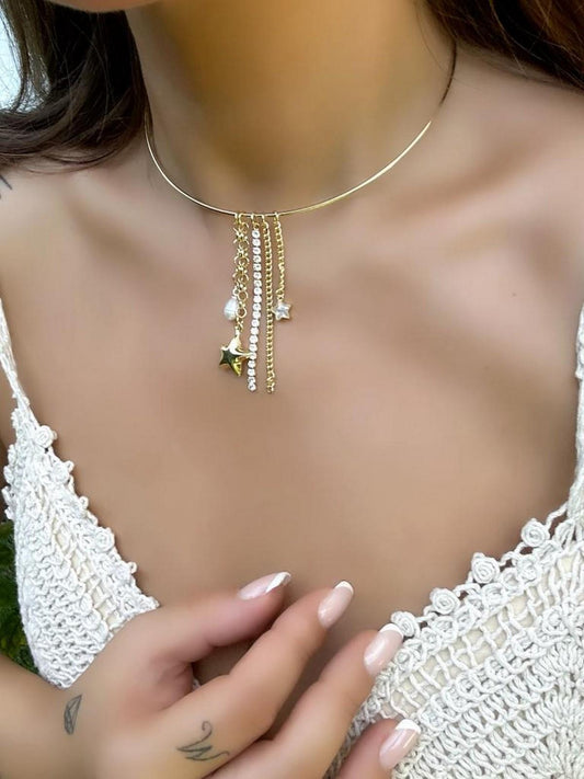 Taş ve Yıldız Detaylı Charm Choker Kolye