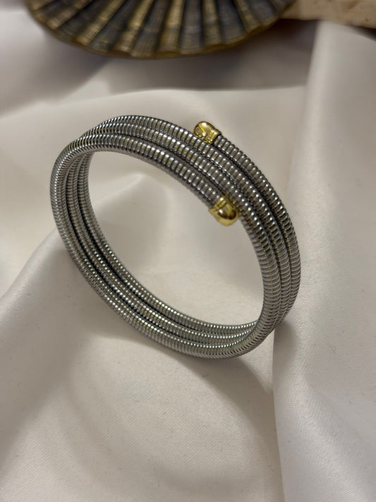 Tırtık Plaka Ve Çift Renk Detay Kelepçe Bileklik (Çelik)