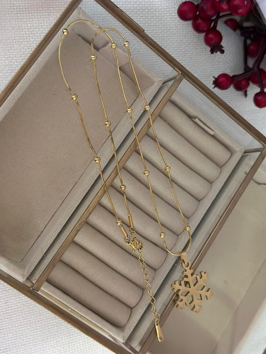 Topçuk Zincir Detaylı Kar Tanesi Çelik Gold Kolye