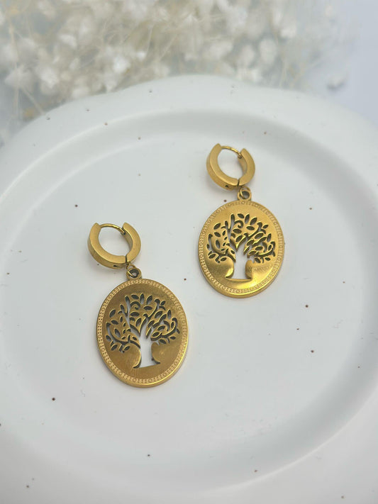 Yaşam Ağacı Detaylı Gold Plaka Çelik Sallantılı Küpe