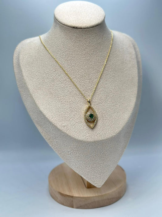 Yeşik Kristal Taş Göz Kolye (Pirinç Kaplama)(48Cm)