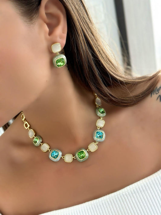 Yeşil Ve Mavi Kristal Taş Detay Set (14K Altın Kaplama)